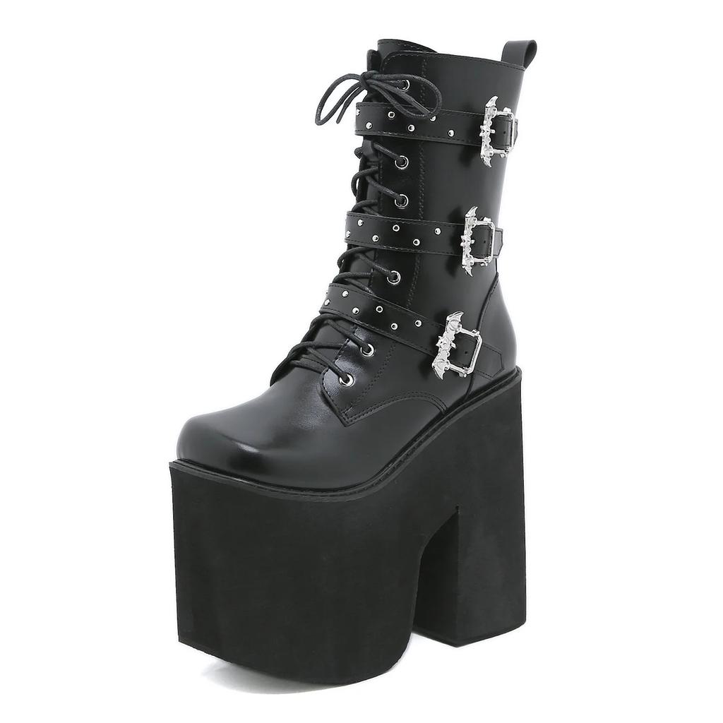Fashion Big Size autumn Buckle Knight Boots New Ultra High Front Lace-up Thick Sole Side Zipper Boots Patent Leather Ankle Boot