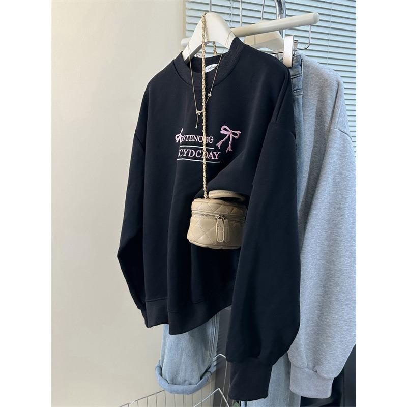 Wind Shot Thin Crew Neck Pullover Sweater Women's Season Loose Bow Embroidered Top