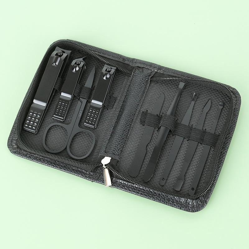 9-Piece Dark Green Manicure Set with Zipper Bag and 6 Black Nail Clippers