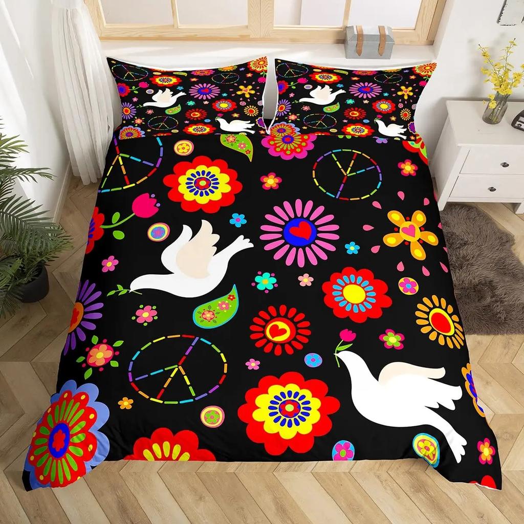 Hippie Flower Duvet Cover Set Boho Mandala Bedding Set Microfiber Groovy Flowers Comforter Cover King for Girls Women Room Decor