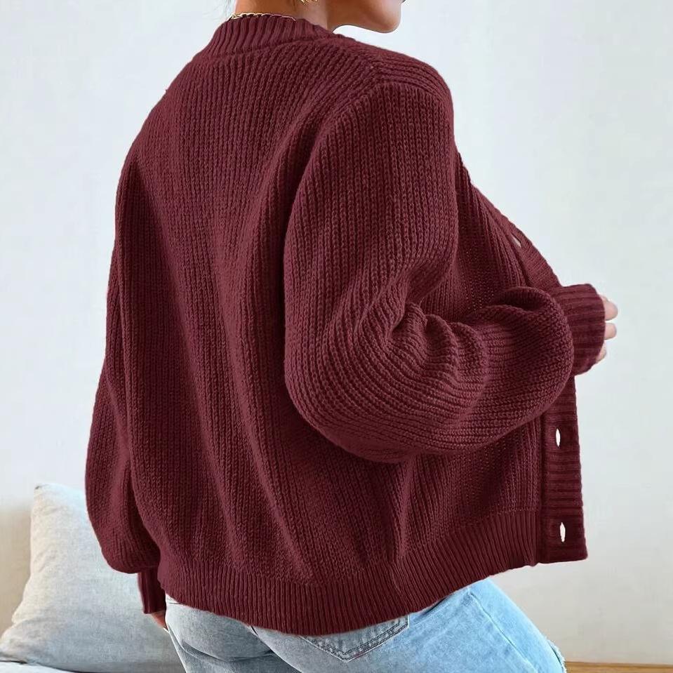 Women's Long-Sleeve V-Neck Cardigan: Solid Color, Single-Breasted, Loose Fit Knit Jacket for Autumn/Winter