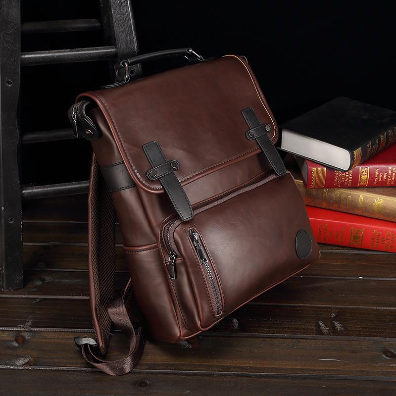 Trendy Men's British Fashion Backpack Personality Design Young Student Backpack Retro Crazy Horse Leather Bag 14-inch Computer Bag