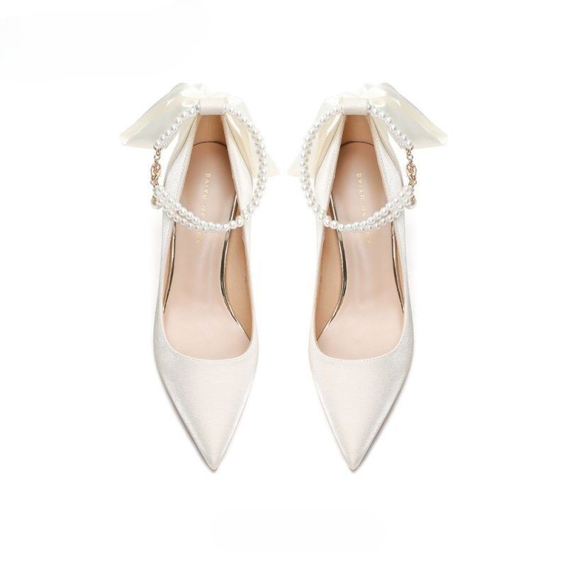 White high heels women's French temperament wedding shoes main wedding dress bridal shoes versatile daily wear engagement dress shoes