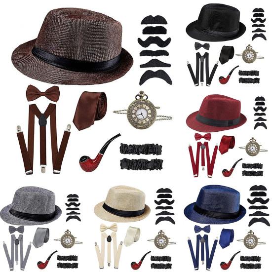 1 Set Cosplay Costume with Newsboy Hat Suspenders Armbands Tied Bow Knot Pocket Watch Dress Up Party Props Fashion
