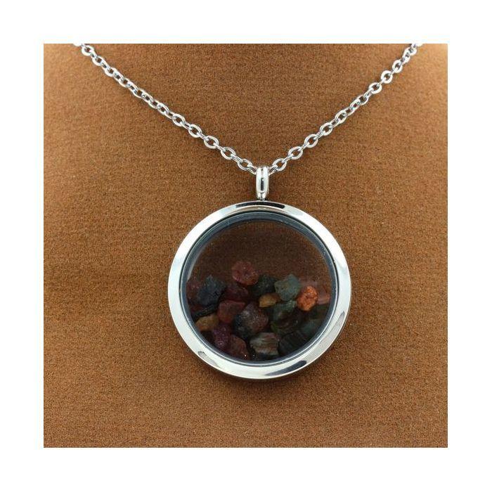 Stones and Minerals. Multicolored Raw Tourmaline Necklace. 30 Mm Medallion Model. Color Silver.