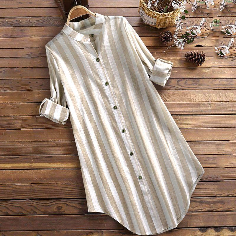 

A Mid-Length Shirt with Striped Buttons Stripe Long sleeve Plus size Mid-Length Shirt Khaki L