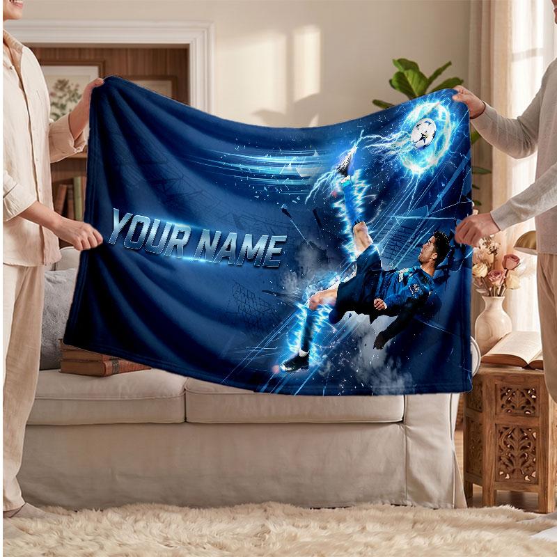Personalisierte Fleece-Decke Cristiano Ronaldo mit Fußball-Logo, Individueller Name Text Weich Warm Home Überwurfdecke