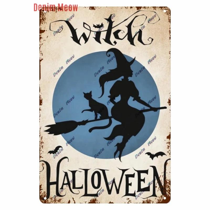 Vintage Witch Halloween Wall Art Poster, No Trespassing Metal Sign, Warning Tin Plates for Gift, Bar Party, Room Decoration WY68