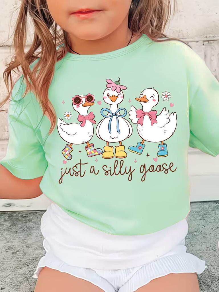 Just a Silly Little Goose Bow Print T-Shirt for Girls Summer Cartoon Graphic Short Sleeve T-Shirts Outdoor Causal Girls Clothing