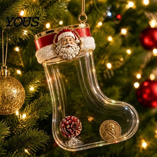 Decorative Stocking for Christmas Tree Fillable Acrylic Ornament, Transparent Candy Filled Plush Glitter Ornaments Hanging Decor, Santa Snowman