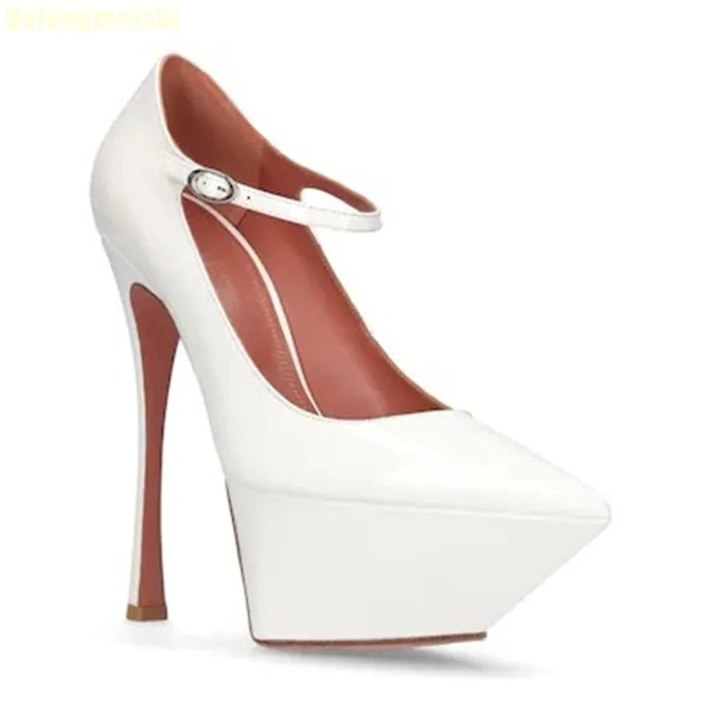 Women's Solid Color Leather Platform High Heels Pointed Toe Super High Thin Heel Sandals Ankle Strap Buckle Shallow Sexy Pumps