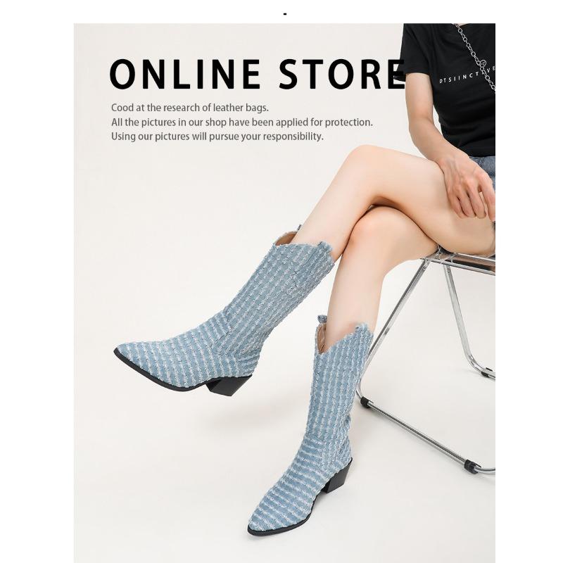 Western Cowboy Cowboy Boots Women's Spring and Autumn New Retro Thick Heels Are Thin, But the Pointed Tip of the Knee Tube Is Not Tired.