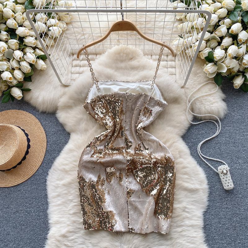 Sexy Sequin Slip One Piece Dress Women Patchwork Chic Vintage Evening Party Dresses Female Korean Fashion Design Slim Ceremonial Dress 2024