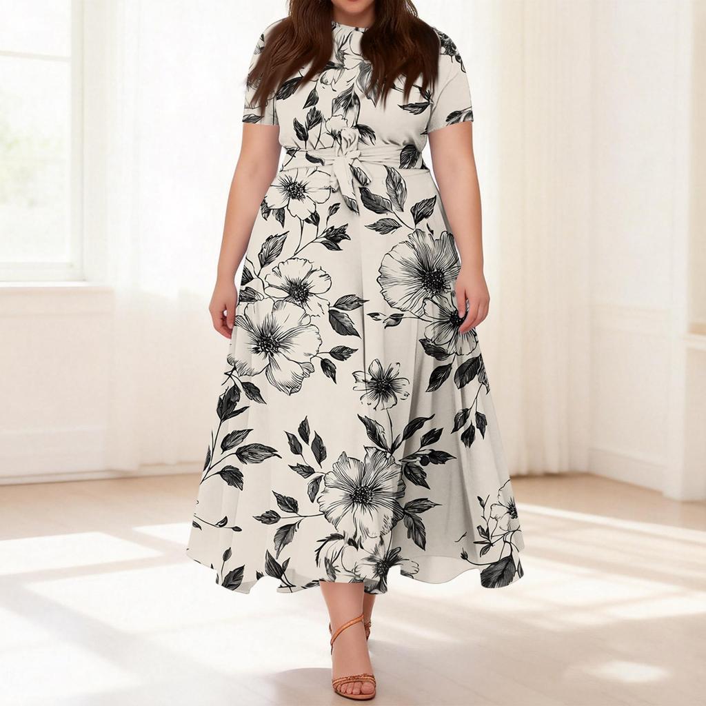 Abito Casual da Donna Taglie Forti Stampa Floreale Retro Girocollo Manica Corta Tasca Cintura Cravatta
