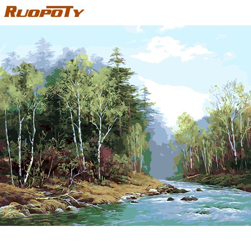 RUOPOTY Mountain River Diy Painting By Numbers Kit Modern Wall Art Landscape Acrylic Paint For Home Decor Artwork 40x50CM Frameless
