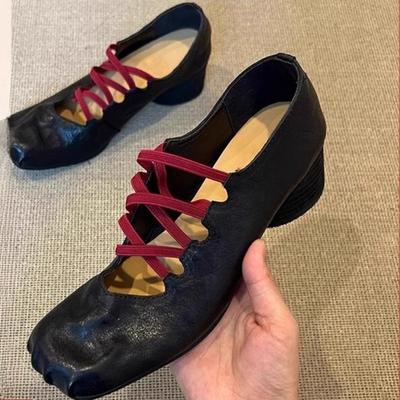 Retro Niche Cross-laced Single Shoes with Pleated Square Toe and Shallow Opening Ballet Shoes