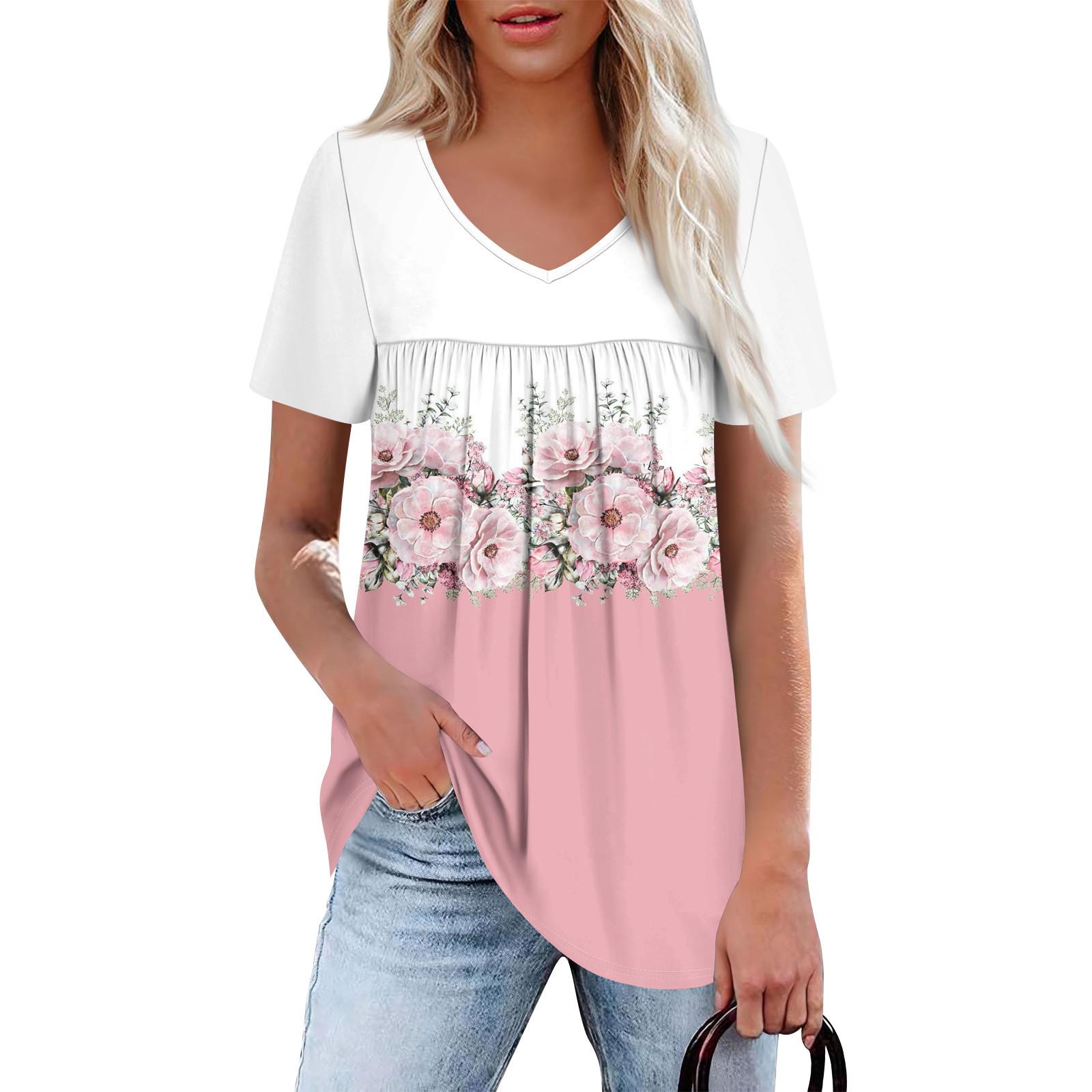 

Женский повседневный топ с V-образным вырезом, коротким рукавом, оборкой на груди и принтом XL розовый