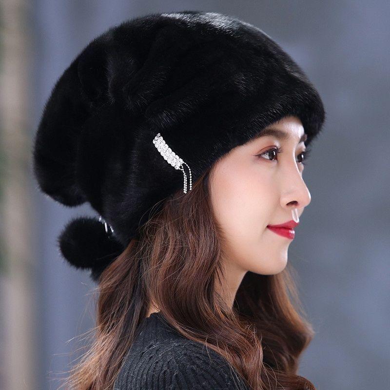 

Норковая шапка женская зимняя для среднего и пожилого возраста из цельного норкового меха с защитой ушей, зимняя модная, норковая теплая меховая шапка для мамы one size чёрный