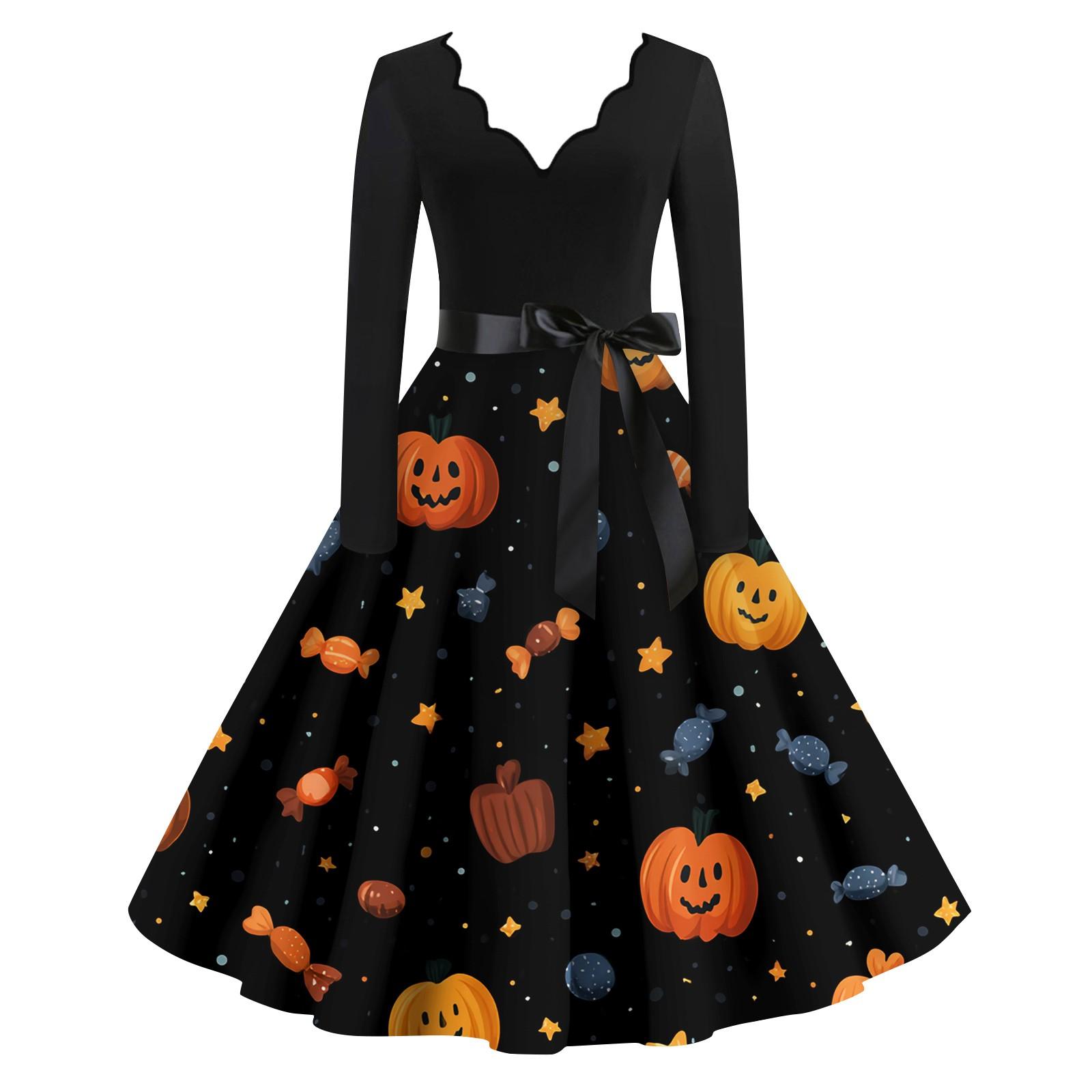 

Women s Fashion Wave Edge V-Neck Casual Slim Halloween Printed Long Sleeve Dresses XL Темно-синій