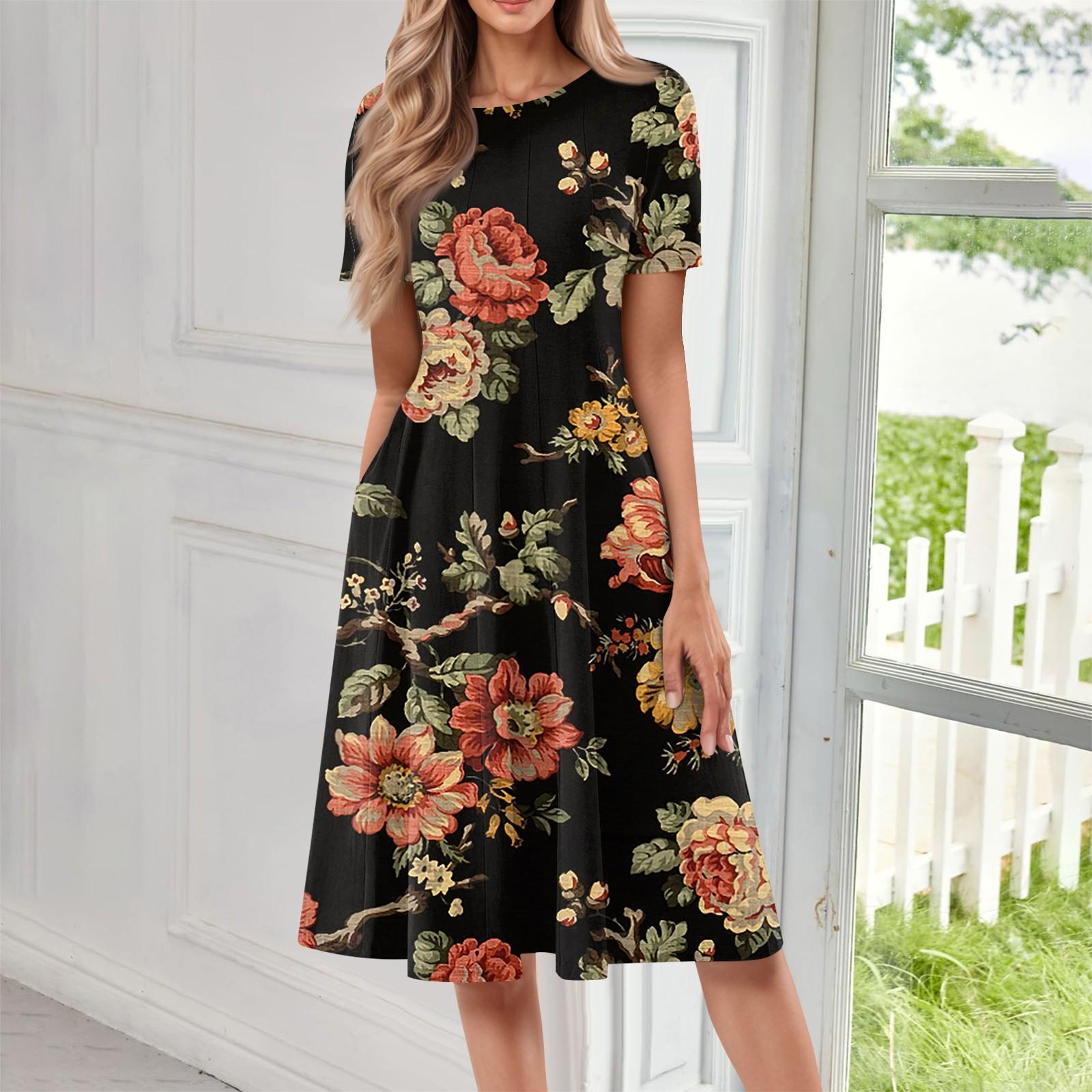 

Женское повседневное модное платье миди с круглым вырезом и коротким рукавом с принтом XL оранжевый