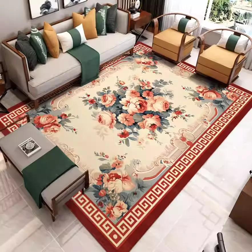 Chinese-style Floral Carpet for Living Room Home Decoration Sofa Area Rugs  Non-slip Bedroom Rug Washable Door Mat