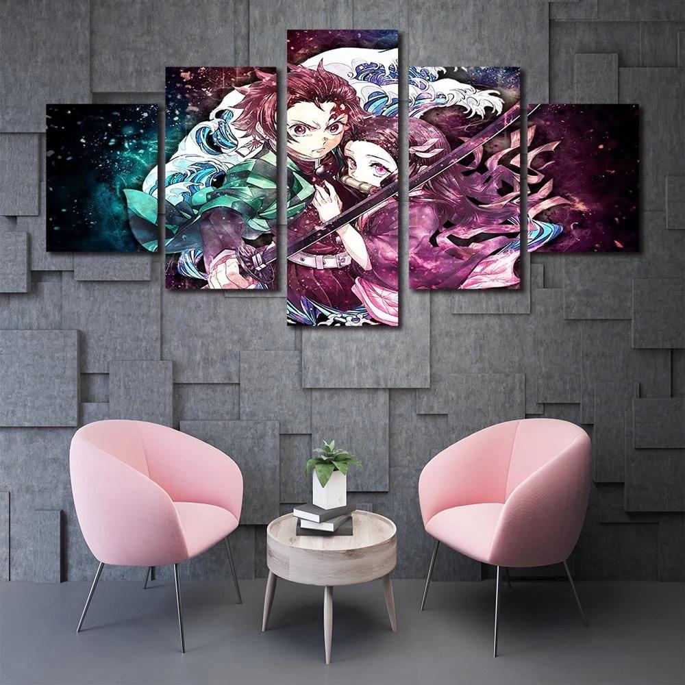 Wall Art Home Decoration Room 5 Pieces Demon Slayer Anime Characters Poster Canvas Painting HD Prints Pictures Framework Modular