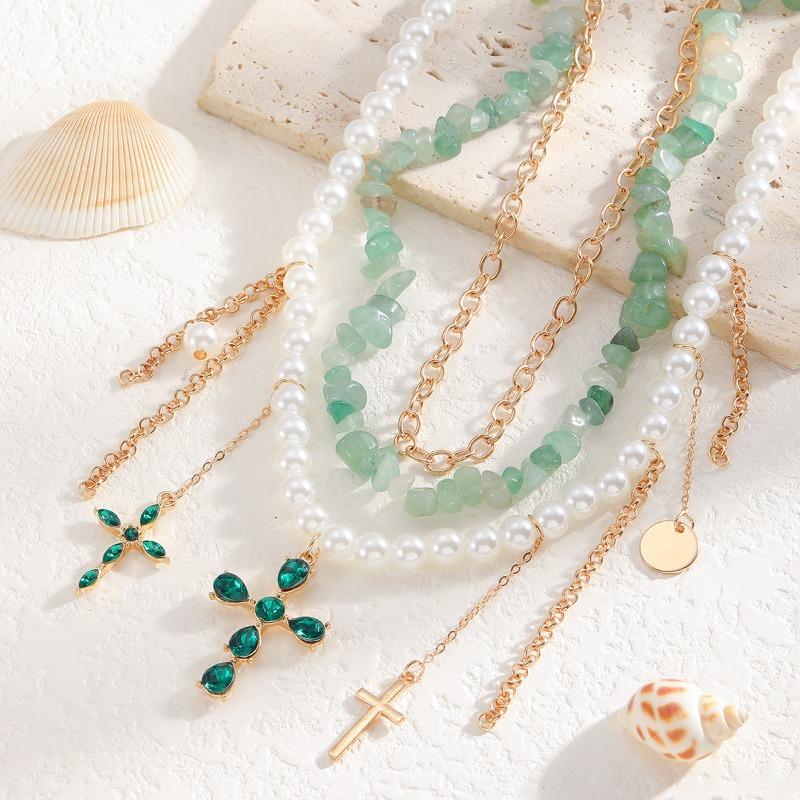 Pearl Neck Chain, Accessories Women's Fashion Green Tassel Diamond Cross Collarbone Chain