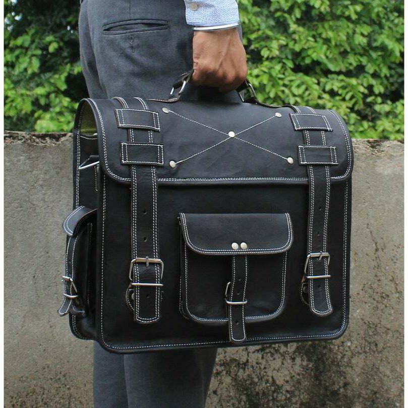 Handgefertigter Vintage-Laptop-Kurierrucksack aus schwarzem Leder, Satchel-Aktentasche