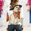 Women Plus Size V Neck Long Sleeve Halloween Printed Eyelet Chain Lace Up Top