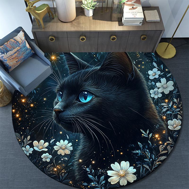 Magical Black Cat Round Area Rug,Carpet Rug for Living Room Bedroom Sofa Playroom Decor,Non-slip Floor Mat