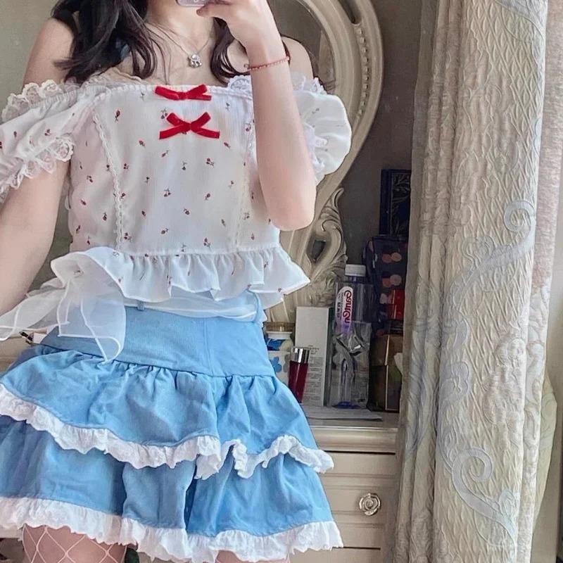 Casual Japanese Kawaii Mini Skirts Women Bandage Lace Sweet Cute Skirts Female Fluffy Pretty Princess Lolita Skirts Summer