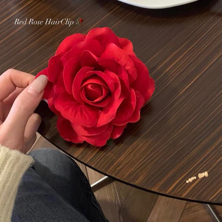 Elegant Red Rose Hair Clip for Women – Small Side Clip for Forehead and Bangs, Perfect Flower Hairpin Accessory