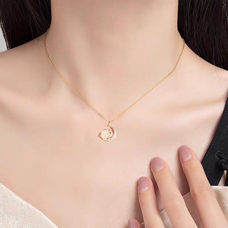 925 Sterling Silver Rabbit Pendant Necklace with Natural Hetian Jade