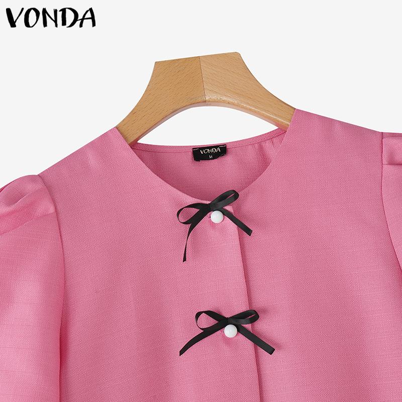 VONDA Summer Women Girls Short Sleeve Front Bow Knot Casual Cropped Elegant Blouse