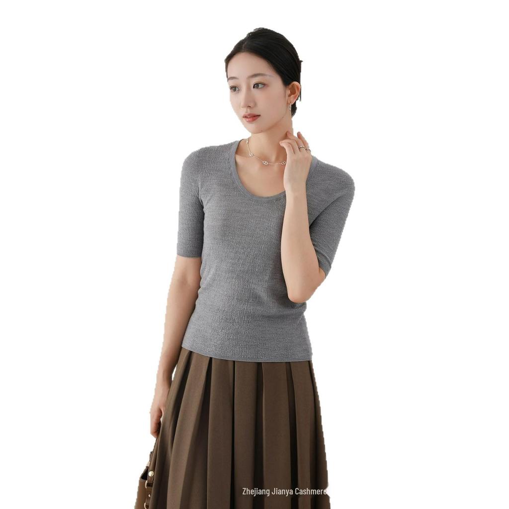 Elegant Women's 100-Count Knit Top: Short Sleeve, Round Neck, Solid Color, Slim Fit, Spring Wool Sweater.