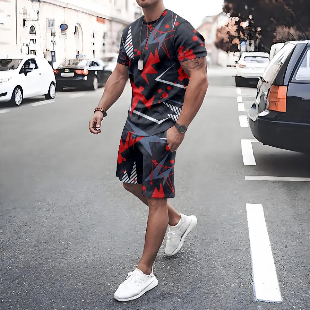 Irregular Geometric Print Short Sleeve And Shorts Set Fashion Men's T-shirt Shorts 2-piece Set Quick-dry Breathable Mesh T Shirt