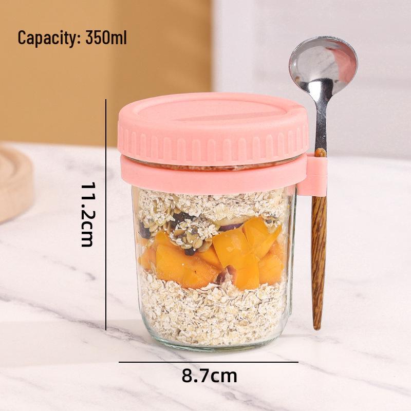 Aesthetic Overnight Oats & Yogurt Glass Jar with Hanging Spoon 350ml Oat Cup