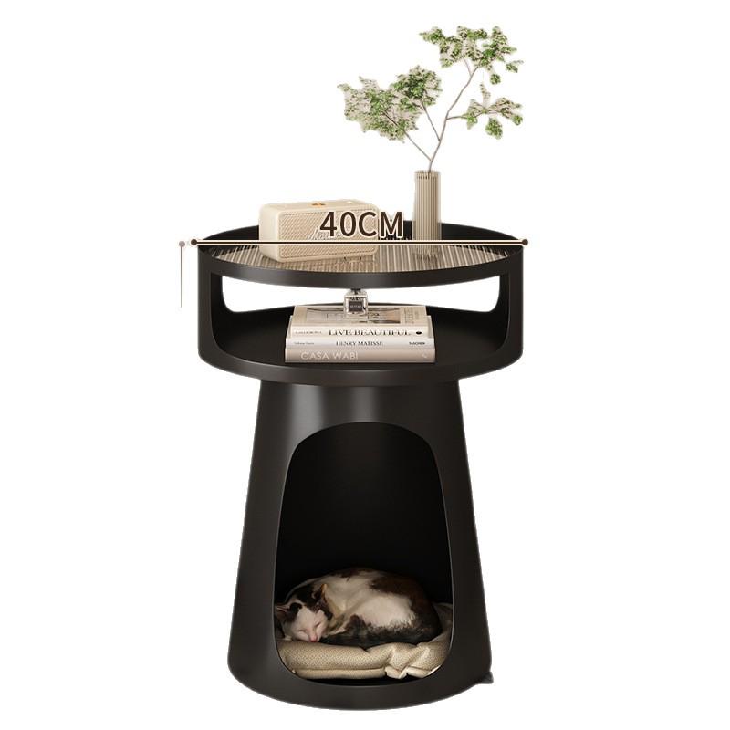 Nordic Retro Bedside Table: Simple Bedroom Nightstand with Metal Shelf, Small Space Sofa Side Table, Pet Bed Option for Cats and Dogs.