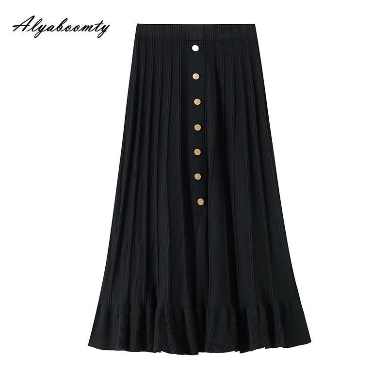 French Style Autumn Winter Women Knitting Skirt High Waist Beige Black Knitted Ruffles Skirt Elegant Feminine Split Ladies' Skirts Womens
