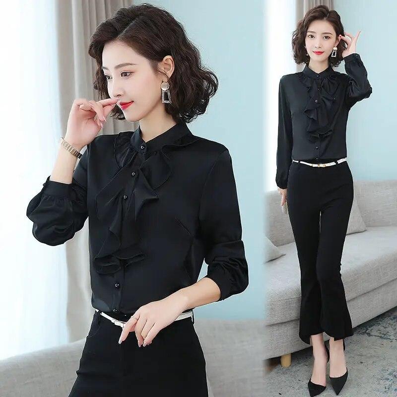 Chiffon Blouse Women's Spring Autumn New Standing Collar Long Sleeved Professional Shirt Solid Color Ruffle Bottoming Top