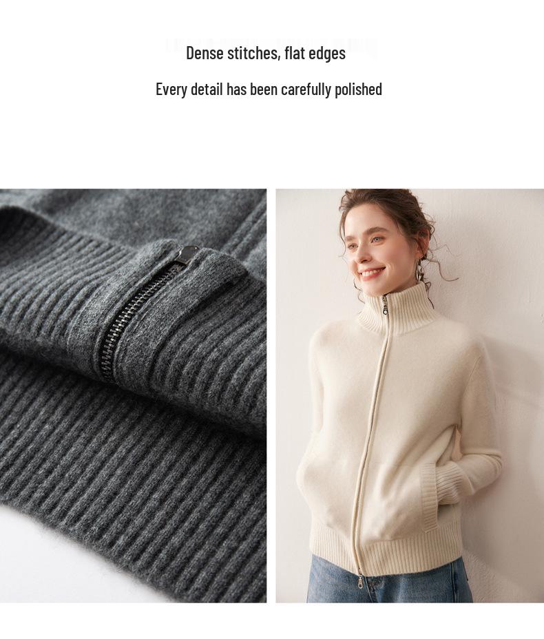 2025 A/W Women's Double-Layer Cashmere Stand Collar Cardigan Sweater with Zippers and Pockets