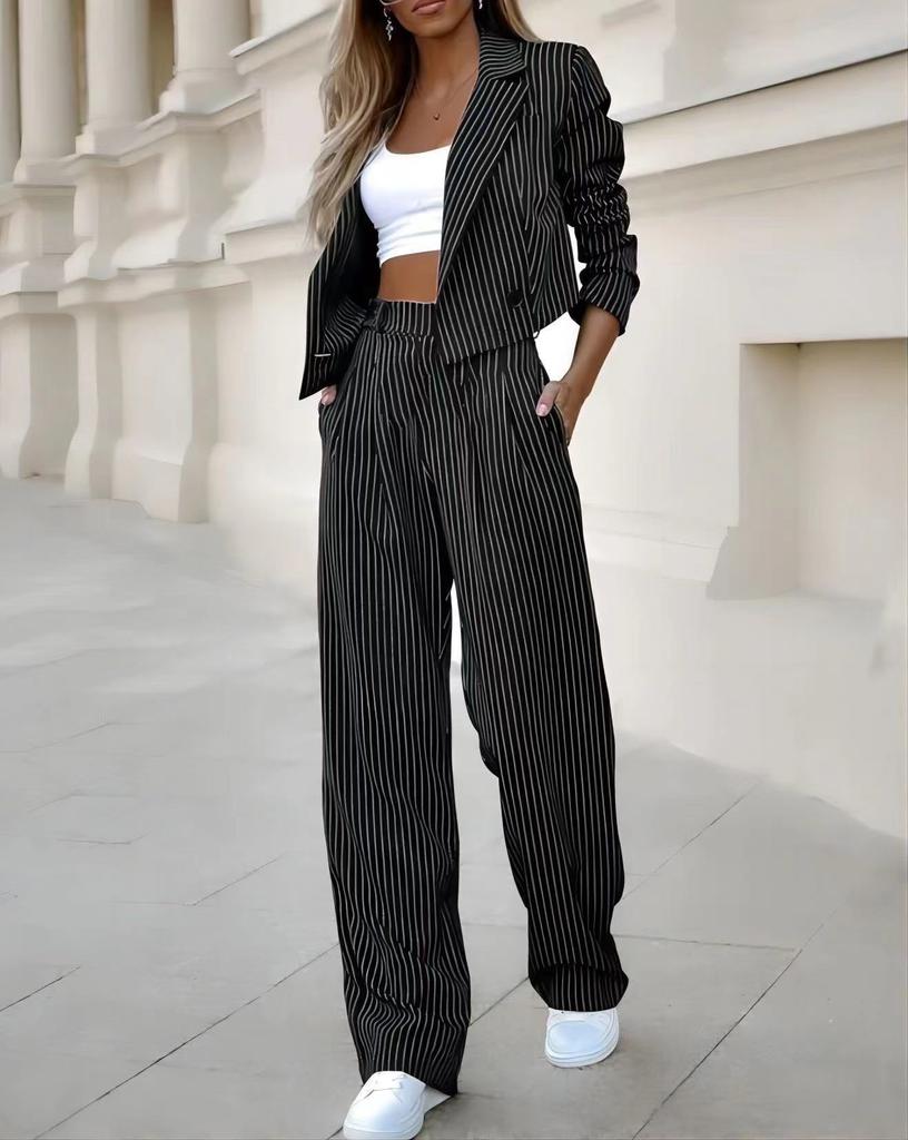 Women's Temperament Casual Striped Short Style Lapel Suit Straight Leg Pants Set