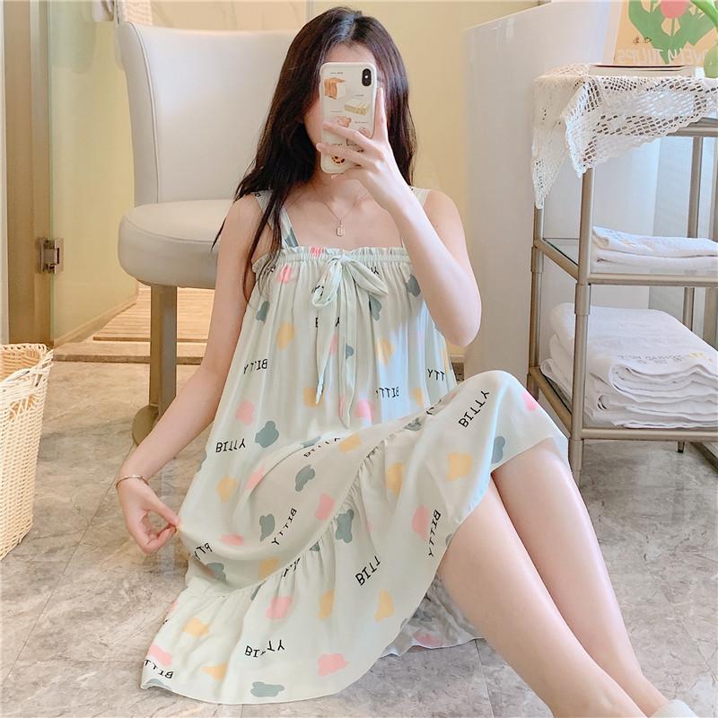 Cotton Nightdress Women'S Summer Thin Pajamasspring And Autumn Cotton Korean Cute Casual Print Dress Loungewear
