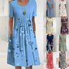 Damenmode Sommer Frühling Blumendruck Kurzarm O-Ausschnitt Hohe Taille Freizeitkleider