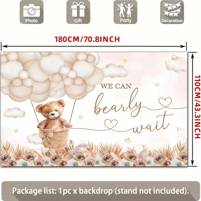 2D Teddy Bear Hot Air Balloon Baby Shower Backdrop Floral Photoshoot Background