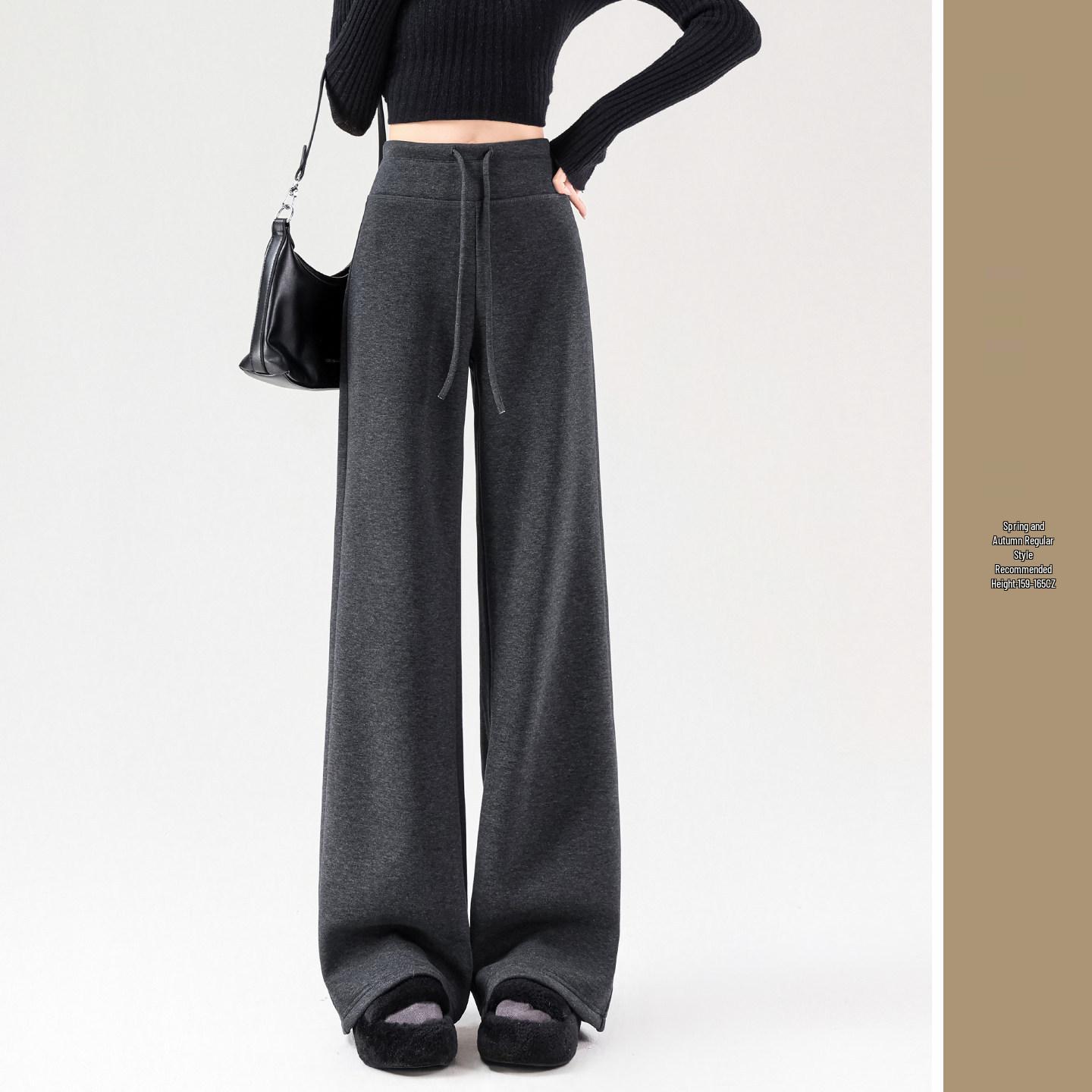 Black Wool Women s Plus Velvet Thickened Wide-Leg Flared Sweatpants - Autumn/Winter 2026 Collection L