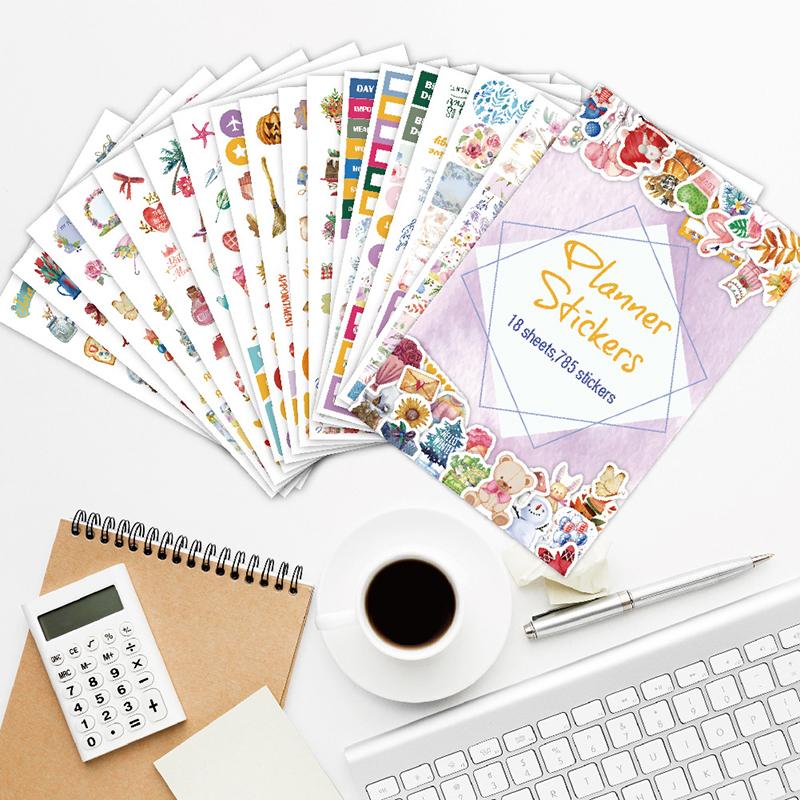785Pcs Vintage Planner Decals Set Semi-Matte Paper Seals Reusable Irregular Shapes With 12 Month For Journaling English Language