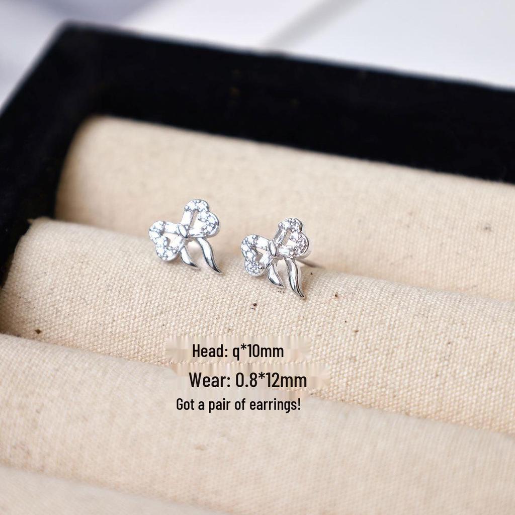 Copper-Plated Gold Bow Earrings with 925 Silver Needle and Flower Diamond Inlay for Women