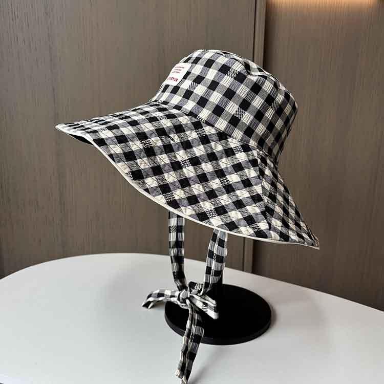 New ins plaid strappy bucket hat women's summer outdoor travel big brim double-sided sun protection visor hat