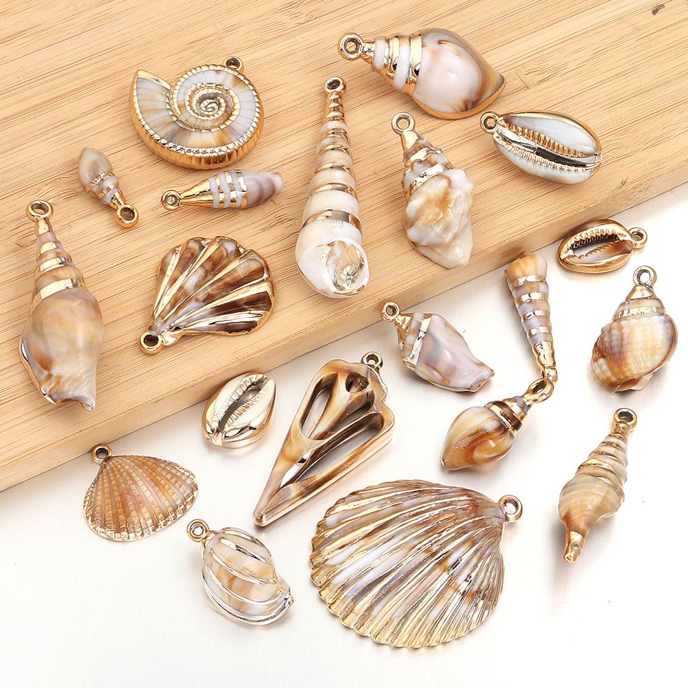 5-10pcs/lot Shell Shaped Acrylic Pendant Gold Plated Conch Scallop Charms Beads For DIY Fashion Keychain Necklace Accessories